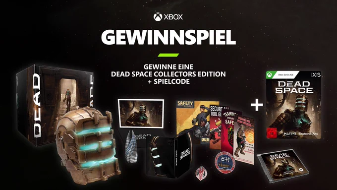 Ein Gewinnspiel mit dem Preis als Bild. Darunter die Collectors Edition von Dead Space, Spielecode für die Xbox, ein Isaac Clarke Helm und weitere kleine Goodies. Der Bildtext lautet: Gewinnspiel - Gewinne eine Dead Space Collectors Edition   Spielcode. 