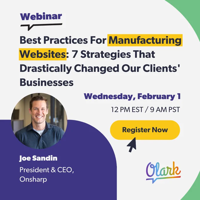 Graphic of webinar invitation - Best Practices for Manufacturing Websites with Joe Sandin of Onsharp. Webinar is Feb 1, 2023 12:00 PM EST register using the Zoom link