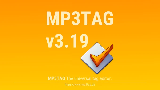 Mp3tag v3.19 announcement banner with version number and a link to the Mp3tag website.