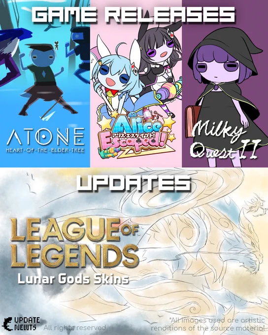 Untold tales and Wildboy Studios releases hand drawn adventure Atone!
illuCalab and @sekaiproject releases their 2D adventure game Alice Escaped!
Hack Dack Soft and Kagura Games releases their pixel JRPG Milky Quest II!

(@BlueHat_t)
#leagueoflegends
