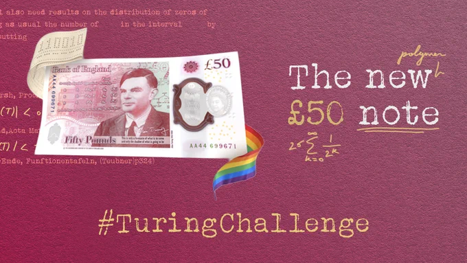The new £50 and the Turing Challenge hashtag on a red background