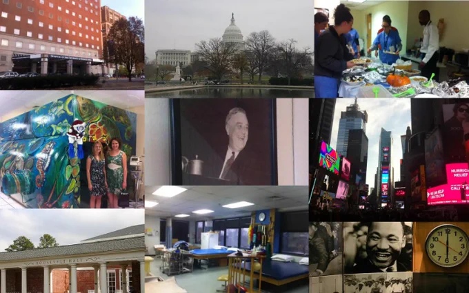 A photo montage; Penn Medicine Hospital, The Capitol Building, Thanksgiving meal, a brightly decorated hyperbaric chamber, a framed photo of FDR taken in his grandson's home, NYC Time Square, Roosevelt warm springs rehabilitation centre, a therapy gym in Pennsylvania, a picture of MLK next to a clock telling the time of his assassination at the museum near his childhood home.   