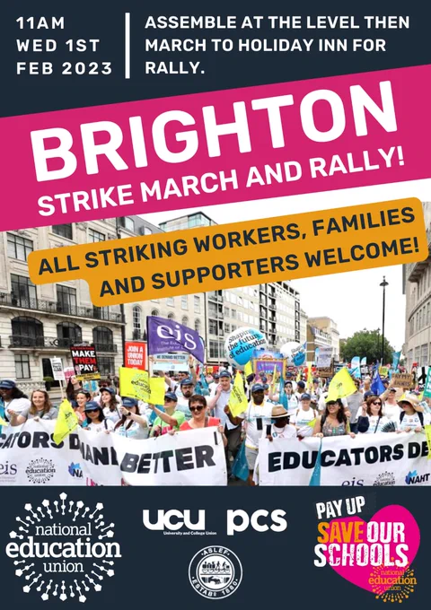 11am Wed 1 Feb. Assemble at the level then march to holiday Inn for rally. Brighton strike march and rally. All striking workers, families, and supporters welcome! An image of a strike march with dozens of strikers.