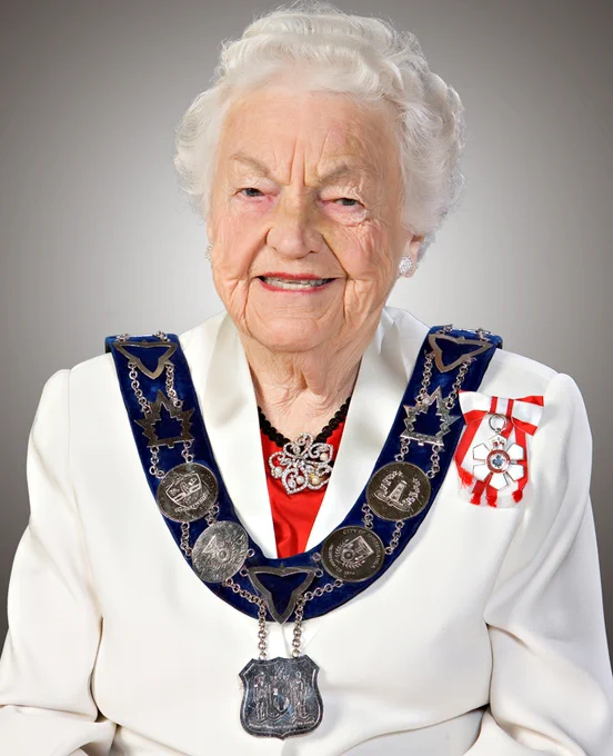 Hazel McCallion wearing a white jacket and Chain of Office when she served as Mayor of Mississauga.
