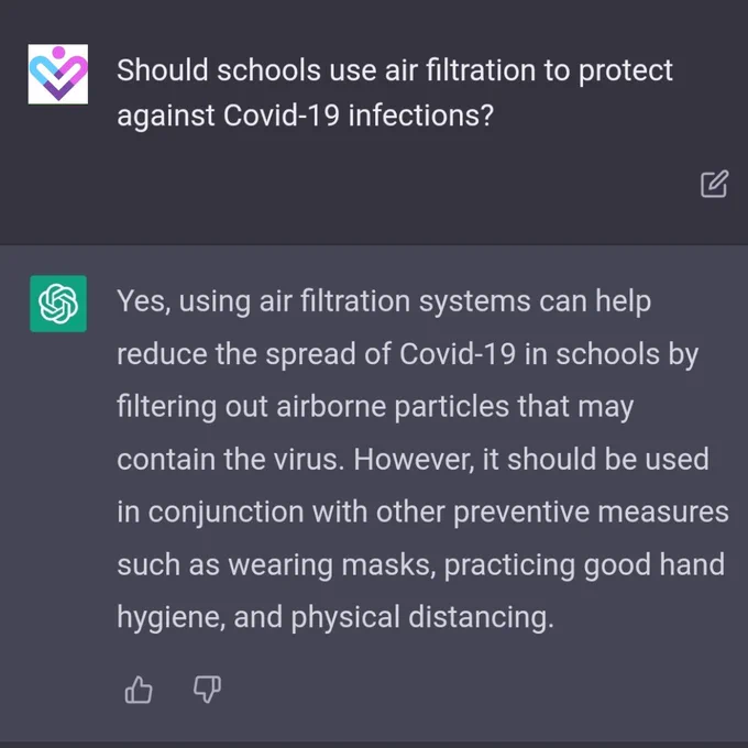 Should schools use air filtration to protect
against Covid-19 infections?
Yes, using air filtration systems can help
reduce the spread of Covid-1 9 in schools by
filtering out airborne particles that may
contain the virus. However, it should be used
in conjunction with other preventive measures
such as wearing masks, practicing good hand
hygiene, and physical distancing