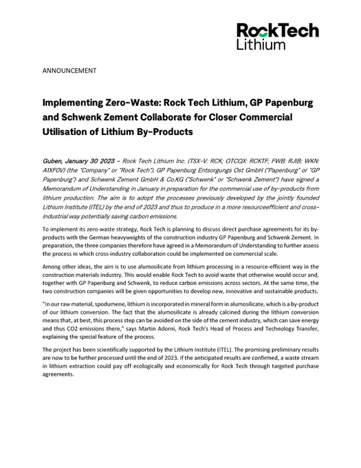 Rock Tech's Press Release on closer Cooperation with Schwenk And Papenburg to commercially use by-products from lithium processing