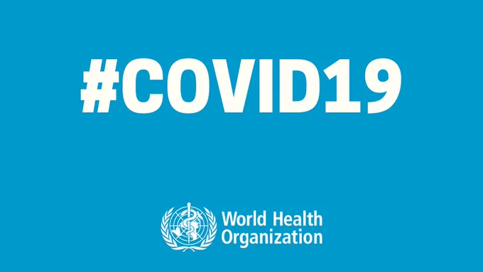 #COVID19 is written in white on a blue background.