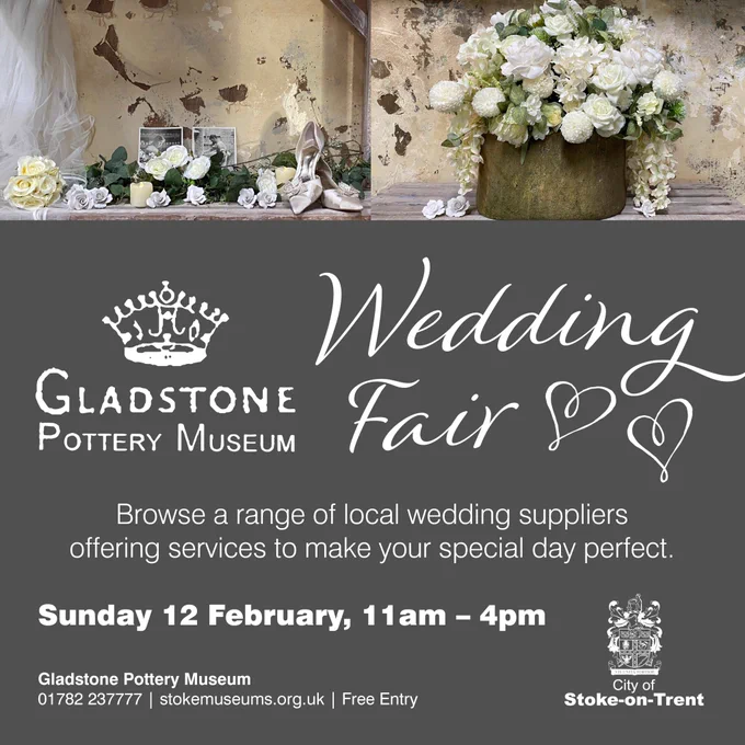 Advert for wedding fair. Flowers, photos, shoes and pottery-making saggars.