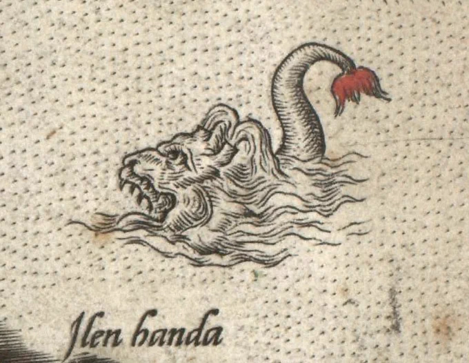 Illustration of a sea monster from a 16th century map of Scotland. CC BY, University of Edinburgh. 