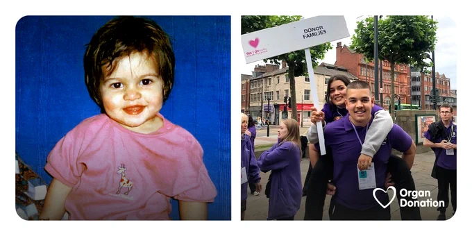 Two photos side-by-side. On the right, a little baby girl (Zara) smiles to the camera, wearing a pink T-shirt with a giraffe on. On the left, a man (George) carries a woman (Sophie) on his back, as she holds a sign saying 'Donor Families'. They are both wearing purple shirts and at the British Transplant Games.