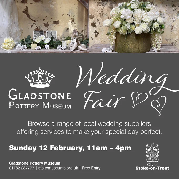 Flowers, photographs, candles, shoes and pottery-making saggars.

For those of you out there planning to tie the knot – introducing the first ever Gladstone Pottery Museum Wedding Fair on Sunday 12 February, 11am – 4pm

Come and browse a range of local wedding suppliers offering services to make your special day perfect.

Free entry