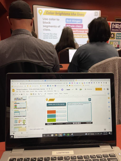 The presenter slide on the screen with the participant slide on a laptop. The presenter slide shows explicit teaching on using colors, while the participant slide is practicing using colors.