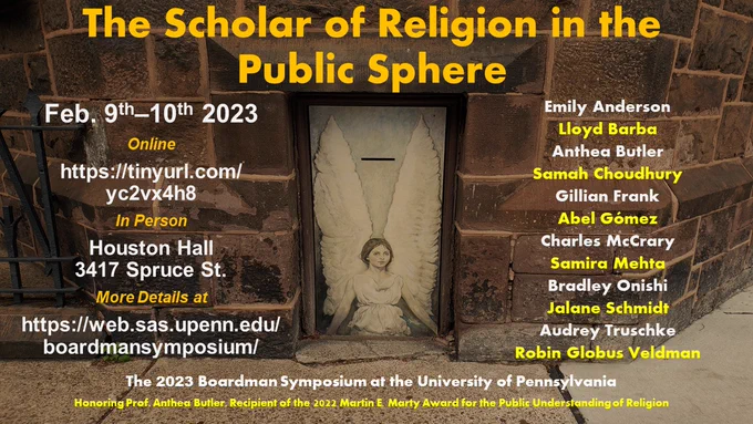 Flyer for "The Scholar of Religion in the Public Sphere," featuring Emily Anderson, Lloyd Barber, Anthea Butler, Samah Choudhury, Gillian Frank, Abel Gomez, Charles McCrary, Samira Mehta, Bradley Onishi, Jalane Schmidt, Audrey Truschke, and Robin Globus Veldman.