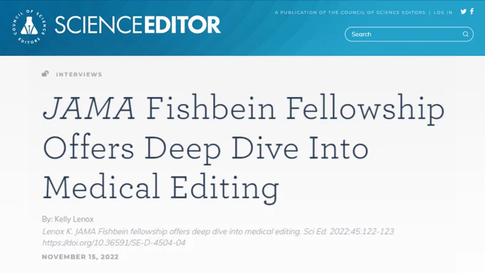Science Editor article titled "JAMA Fishbein Fellowship Offers Deep Dive Into Medical Editing"