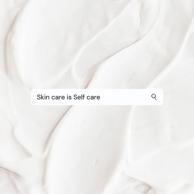 Cream swatches with search bar overlay reading Skin care is Self care