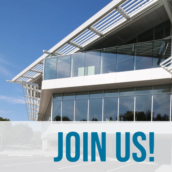 Picture of library exterior with words "Join Us!"