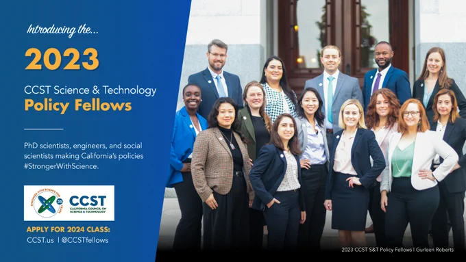 A group photo of the fellows with a blue overlay on the side and text describing the Fellowship with CCST's logo