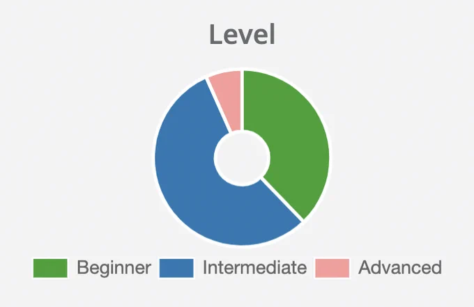 Pie chart showing a bit over half Intermediate, 2/3 Beginner, and a thin slice of Advanced.