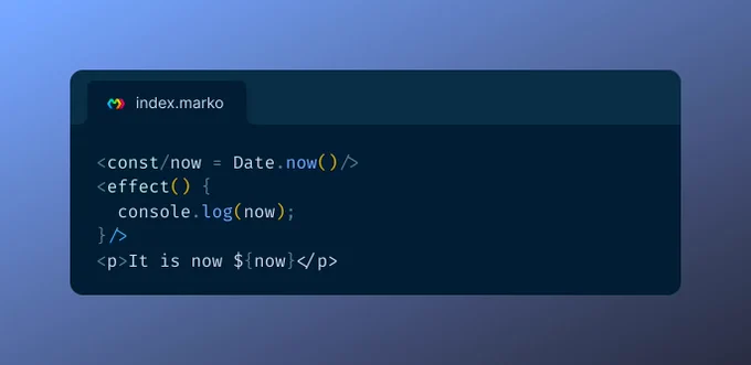 <const/now = Date.now()/>
<effect() {
  console.log(now);
}/>
<p>It is now ${now}</p>