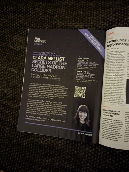Photo of the full page advertisement for the talk. The talk title is: " Secrets of the Large Hadron Collier"
