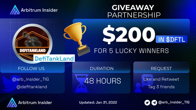 We are holding a series of Giveaway Collab

Our next guest: 
@defitankland

🔥Arbitrum Insider x DeFiTankLand #Giveaway Collab🔥

🎁$200 in $DFTL for 5 lucky winners

To enter:
✅Like, RT
✅Follow @arb_insider_TIG & @defitankland
✅Tag 3 Friends

#Arbitrum $DFTL #ETH $ETH