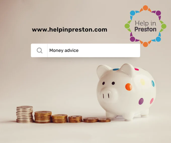 Piles of coins next to a piggy bank
Help in Preston logo and website address
Computer search bar with text
Money advice