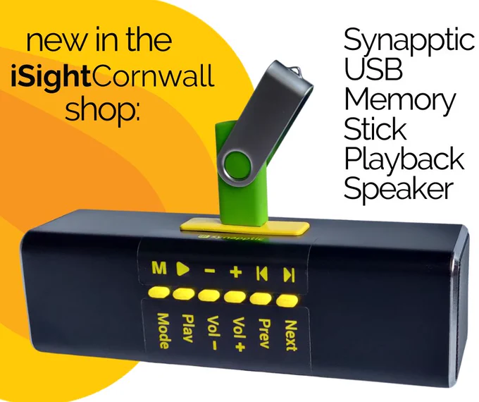 new in the iSightCornwall Shop: Synapptic USB Memory Stick Playback Speaker with an image of a black rectangle speaker with bright yellow buttons. A USB stick is inserted in the top.