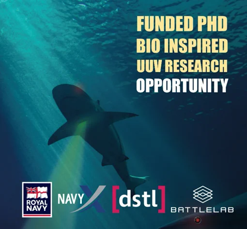 Image of a shark with logos. Text reads: Funded PhD Bio-inspired UUV research opportunity