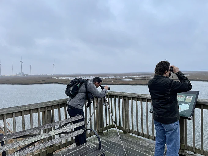 Two people are bird watching on a pier. Photo  by the DRBC.