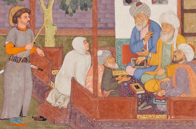 Detail from a 17th century painting of a scene from Sa'di's Gulistan. Description from the Met museum:

"This painting was created during the reign of Mughal Emperor Jahangir (r. 1605–27) and illustrates a scene from the Gulistan of Sa'di, a 13th century poetic collection of moral tales. In this story, an old man takes on a much younger wife, named Pearl, but is unable to consummate the marriage. Complaining of his wife's inadequacies but unable to see his own, the old man takes the issue up with the local qadi (or magistrate), seated at the right of the scene."