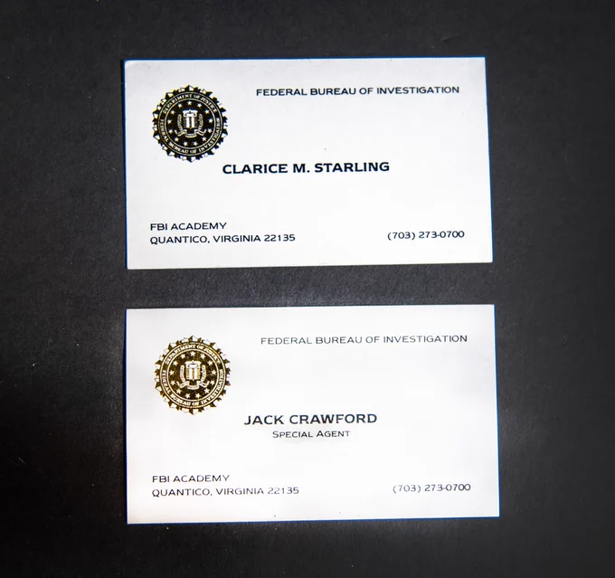 Silence of the Lamb business cards for FBI Agent Clarice M. Starling and Jack Crawford. Characters in the movie. 
