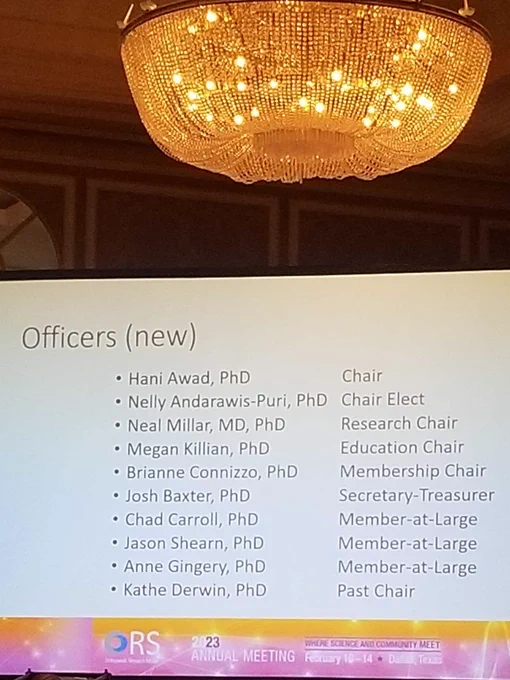 A photograph of a projector screen and a chandelier listing the incoming officers of the ORS tendon section.