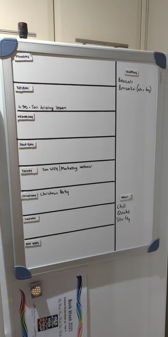Whiteboard divided into eight horizontal sections for the current and coming weeks, with an additional column on the right for shopping and meal planning. 