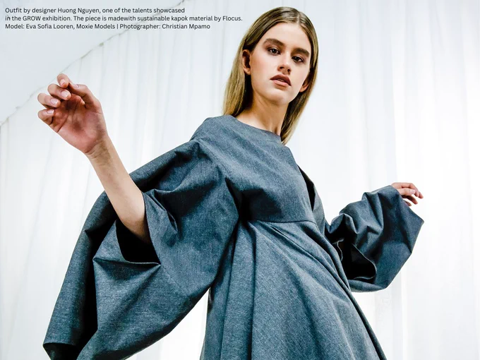 Cover photo – Outfit by designer Huong Nguyen, one of the talents showcased in the GROW exhibition. The piece is made with sustainable kapok material by Flocus. Model: Eva Sofia Looren, Moxie Models | Photographer: Christian Mpamo