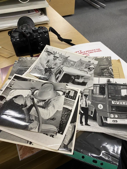 A selection of black and white photos from Mossley, Manchester containing firefighters at work