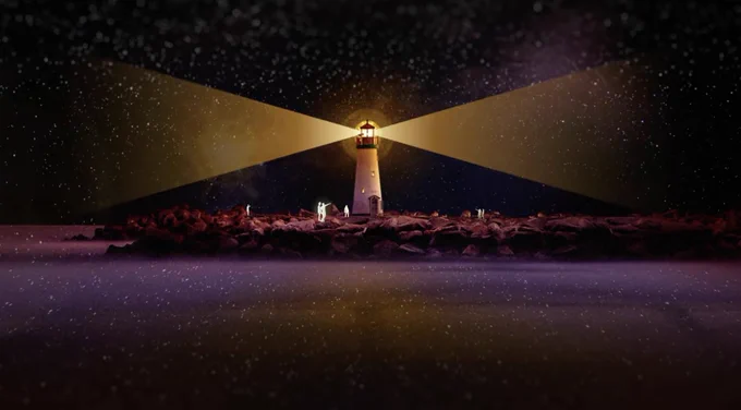 Image of a lighthouse lit up on a purple background.