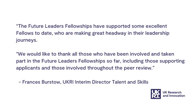 “The Future Leaders Fellowships have supported some excellent Fellows to date, who are making great headway in their leadership journeys. 

"We would like to thank all those who have been involved and taken part in the Future Leaders Fellowships so far, including those supporting applicants and those involved throughout the peer review.”

  - Frances Burstow, UKRI Interim Director Talent and Skills
