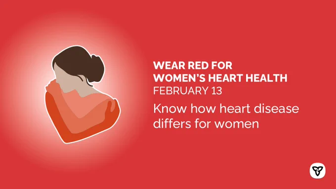 Illustration of a woman hugging herself in a red shirt. Image Text: “Wear Red for Women’s Heart Health │ February 13. Know how heart disease differs for women.”