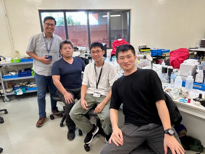 Photograph of Dr. Jose Christopher Mendoza with our visiting researchers from University of the Ryukyus in the lab. (Left to Right: Dr. Jose Christopher Mendoza, Dr Tohru Naruse, Masters Student Mr Taigi Sato, PhD Student Mr Hiroki Nakajima)