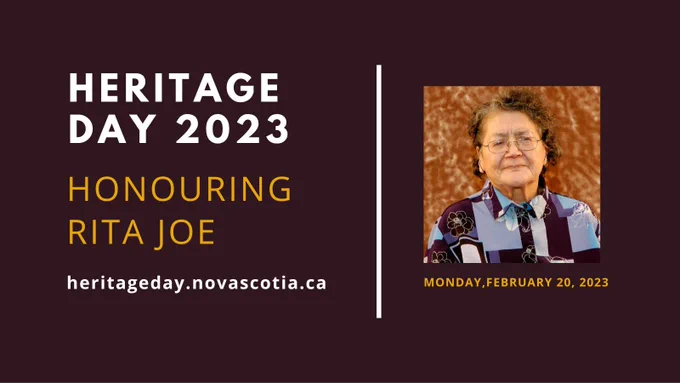 Graphic with the text Heritage Day 2023 Honouring Rita Joe.