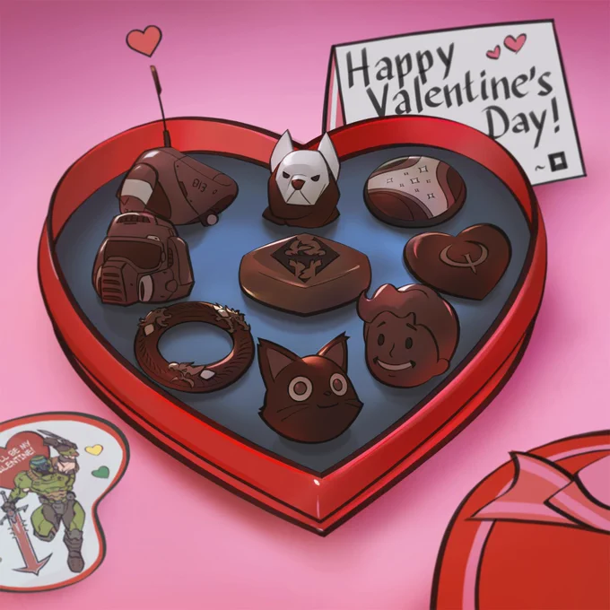 A heart-shaped box with themed chocolate bonbons surrounded by a box lid, note card with "Happy Valentine's Day" written on it, and a Valentine’s Day cut-out card of the DOOM Slayer laying on a pink tabletop. The themed chocolates include a Birbon Bonbon from Redfall; an Aleksis wolf mask; a Constellation chocolate medal; a chocolate heart with Quake logo in its center; a chocolate Vault Boy head, the 1993 "DOOM" helmet, ESO's ouroboros, a chocolate 808 head from Hi-Fi RUSH & a diamond shaped chocolate in the heart's center with the seal of Akatosh from The Elder Scrolls series. Bribon's bonbon has an antenna emitting a small heart near the top left portion of the image.