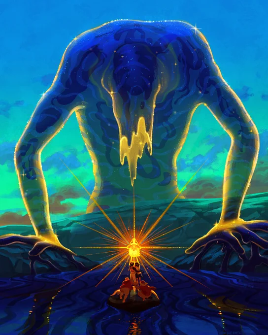 In this digital fanart painting of "Princess Mononoke" by Studio Ghibli, we see the final scene between the main characters and the Night Walker. San and Ashitaka hold the Forest Spirit's glowing deer head above them, and orange light bursts out in every direction. The Forest Spirit looms over them in the Night Walker form with its neck dripping town to recapture the head beneath. The sky is cyan with blue clouds and hot smoke in the distance. The Night Walker has its hands planted on two rocks on either side of the image, dripping its strange jelly liquid into the lake. 