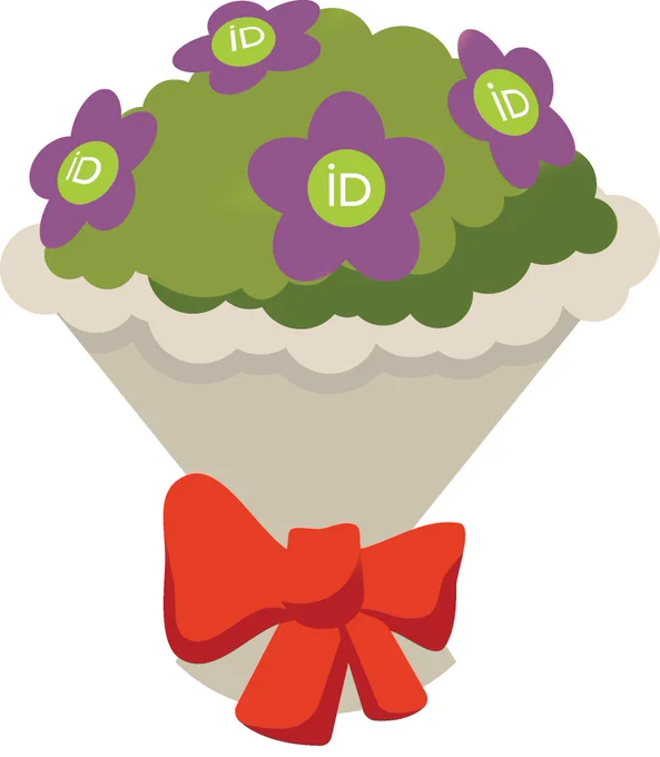 Graphic of a bouquet of flowers tied with a red ribbon. The bouquet has green ORCID icons in the center of each purple flower. 