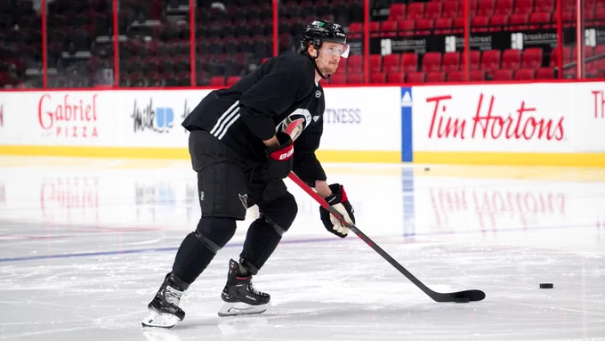 Thomas Chabot prepares to put a shot on net during practice this morning at Canadian Tire Centre