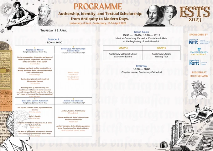 Day 1 - Thursday 13 April. Session 3 starts at 1pm and runs until 2.30pm with 4 concurrent panels (Records and Memory/Rountable: 400 Years from the first folio/Early 20th Century Authorship/Authors and Interfaces). Two Group tours starting at 3.30pm and 4.30pm will run parallely at Canterbury Cathedral Library & Archives for a workshop/exhibit, and the other beng a canterbury literary walking tour leaving from chirst church gate at the cathedral. Wine reception at 6.30pm at the chapter house.