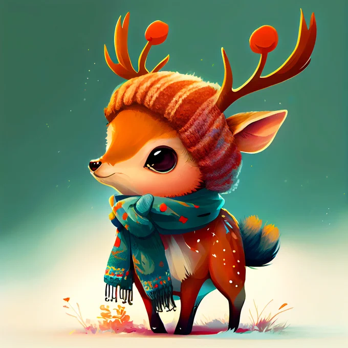 Illustrated tiny cute deer in wooly hat and scarf