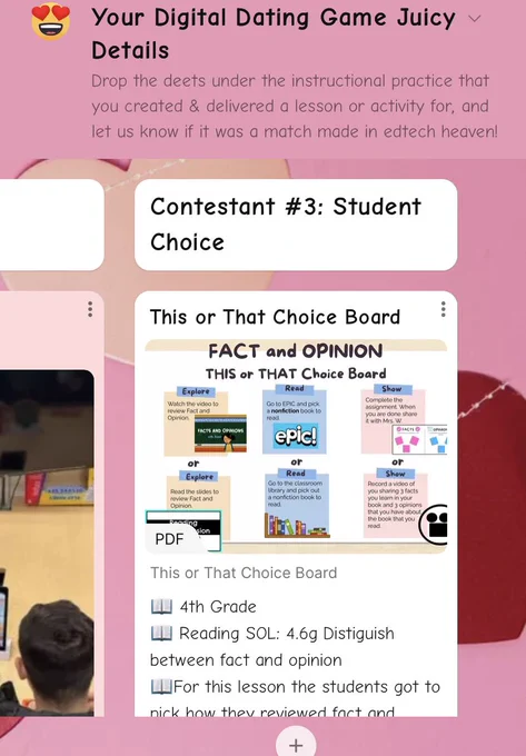 Your Digital Dating Game Juicy Details Padlet, Column 3 is Contestant #3: Student Choice, Top Post is a This or that choice board for 4th grade Reading specifically the differences between fact and opinion