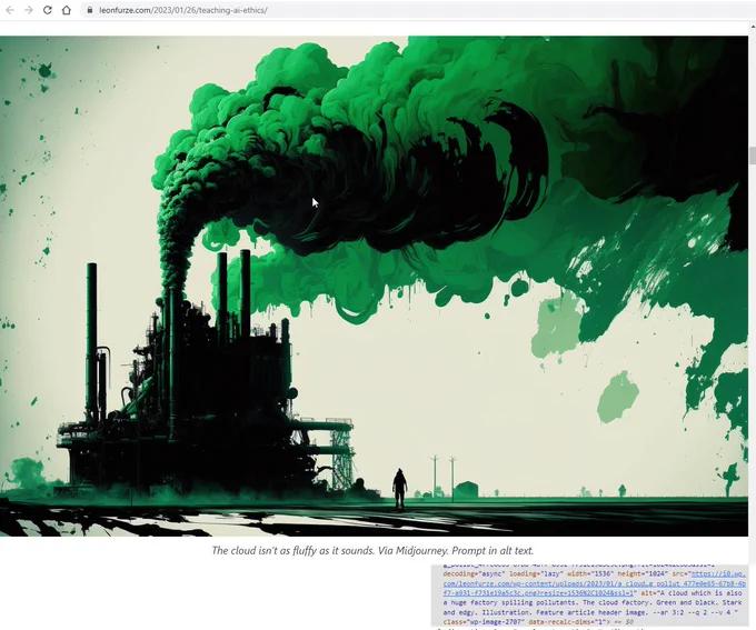 Leon Furze's website. Factory image with alt text visible that reads "A cloud which is also a huge factory spilling pollutants. The cloud factory. Green and black. Stark and edgy. Illustration. Feature article header image."
