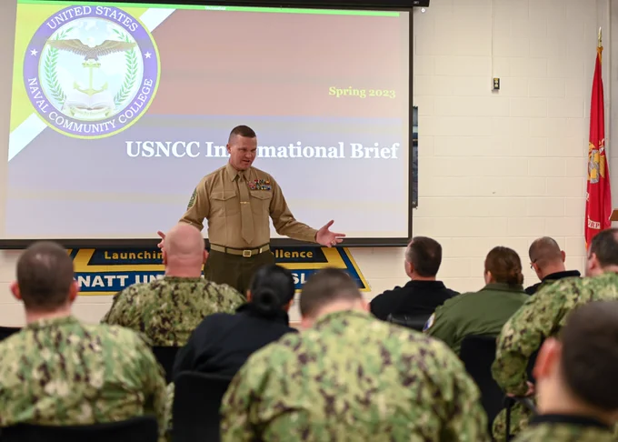 Image: Sailors stationed at Naval Air Station Whidbey Island, Washington, listen to Sgt. Maj. Michael Hensley, command senior enlisted leader of the United States Naval Community College, on February 9, 2023.