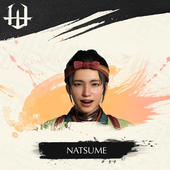Headshot of Natsume from WILD HEARTS. She has a friendly smile and a red ribbon that ties back her hair.